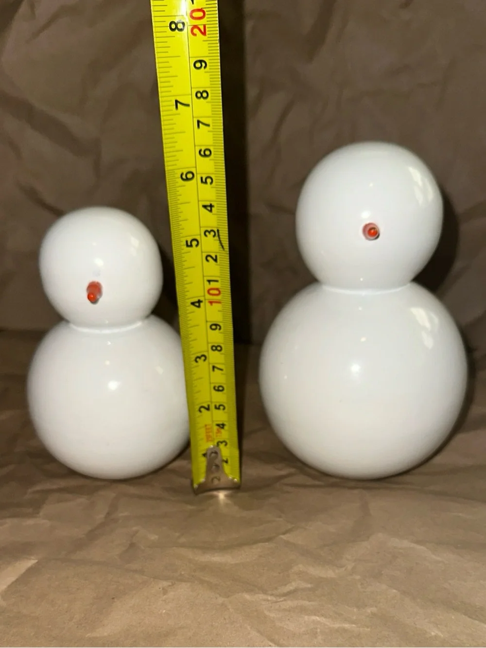 West Elm White glass/Lacquer 5” & 6”Snowman Figurines - Set of 2